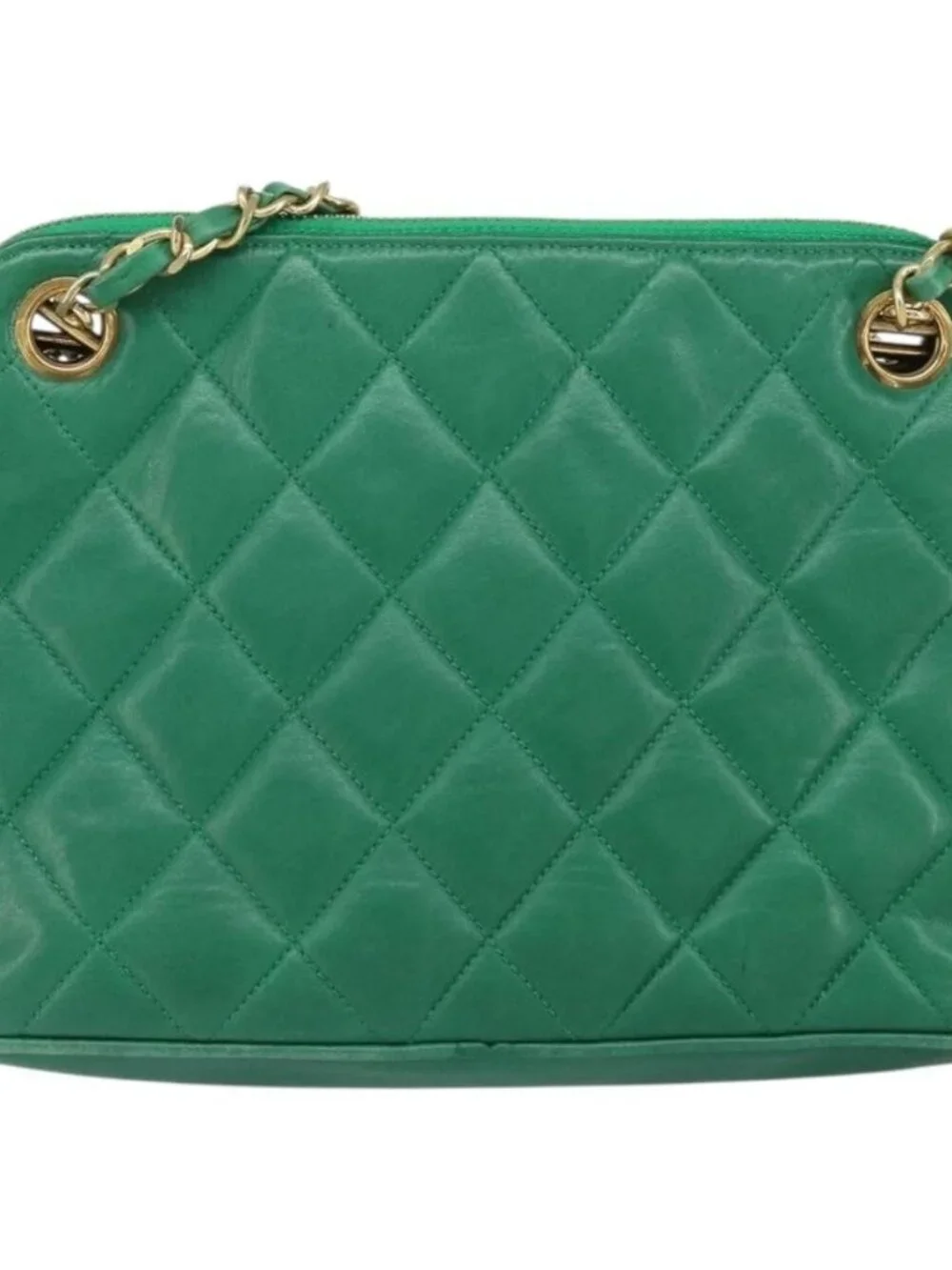 CHANEL Matelasse Chain Shoulder Bag Satin Green Gold CC Auth 168432